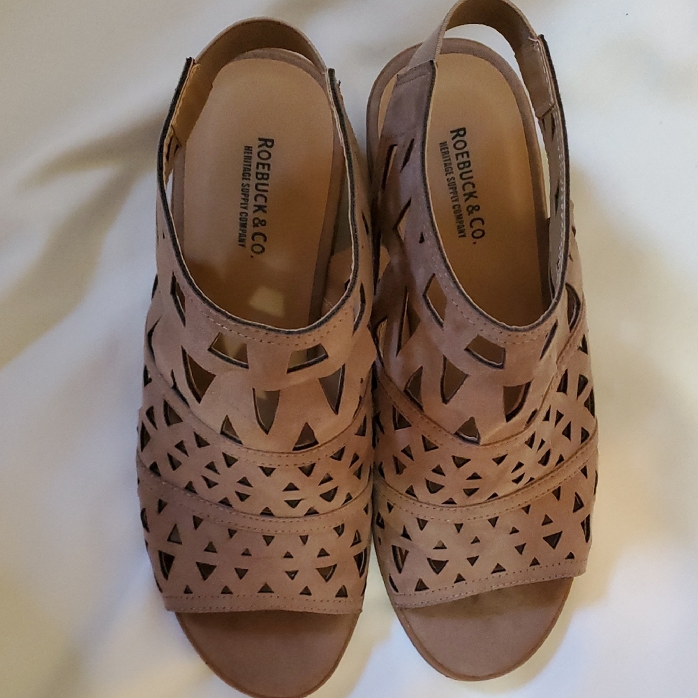 Tan Cut-Out Slingback Sandals with Wedge Heel